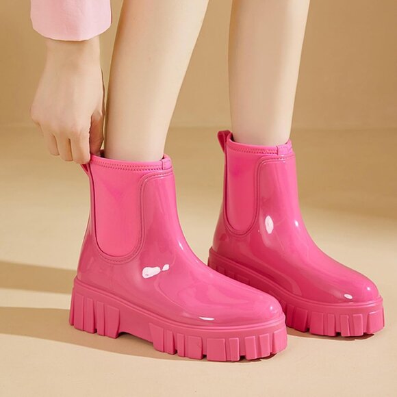 Women's Pink Ankle Boots Waterproof Platform Rubber Chelsea Comfortable Shoes - Picture 2 of 6